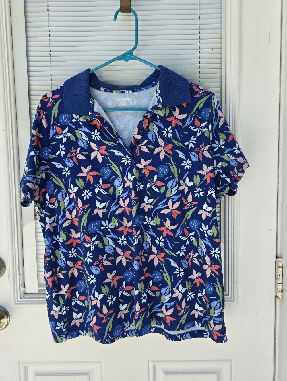 Lands' End Navy Floral Print Polo